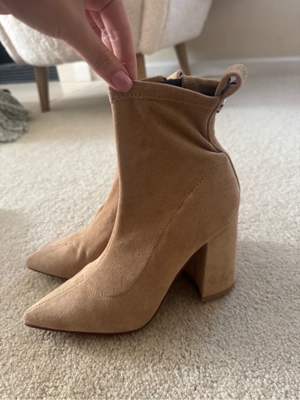 Steve Madden Tan Suede Pointed Toe Block Heel Booties